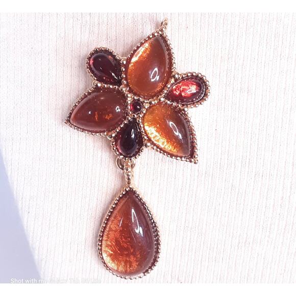 Amber Stone Brooch Pendant Teardrop Tear Drop Shape Gold Tone Trim - Picture 1 of 8